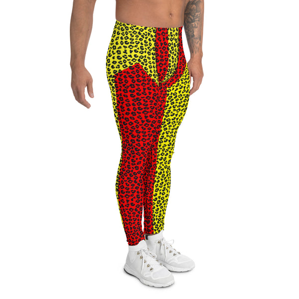 Wrestling Tights Red Leopard Skin, Mens Leggings, Performance Pants, Yoga Leggings Gym, Mens Rave Outfit, Mens Festival Meggings. Red leggings for men with yellow and black all-over design. Dancewear for guys with split color design in vibrant tones.