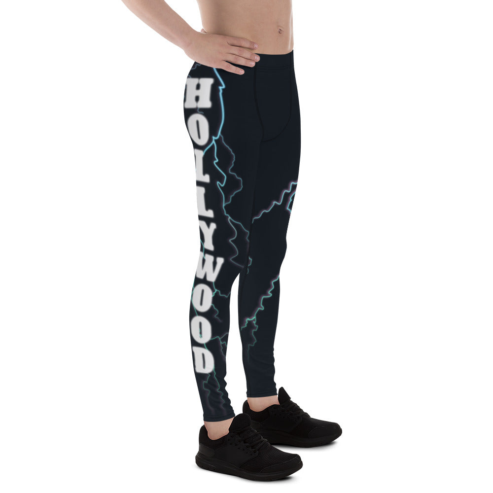 Mens Leggings Pro Wrestling Fashion Meggings with lightening strikes and a magical celestial sky, Hollywood Lightning down each leg, Workout Gym Rat Sport Pants, Vibrant Activewear Gear for Man, Dance Tights. Unique all-over print design meggs.