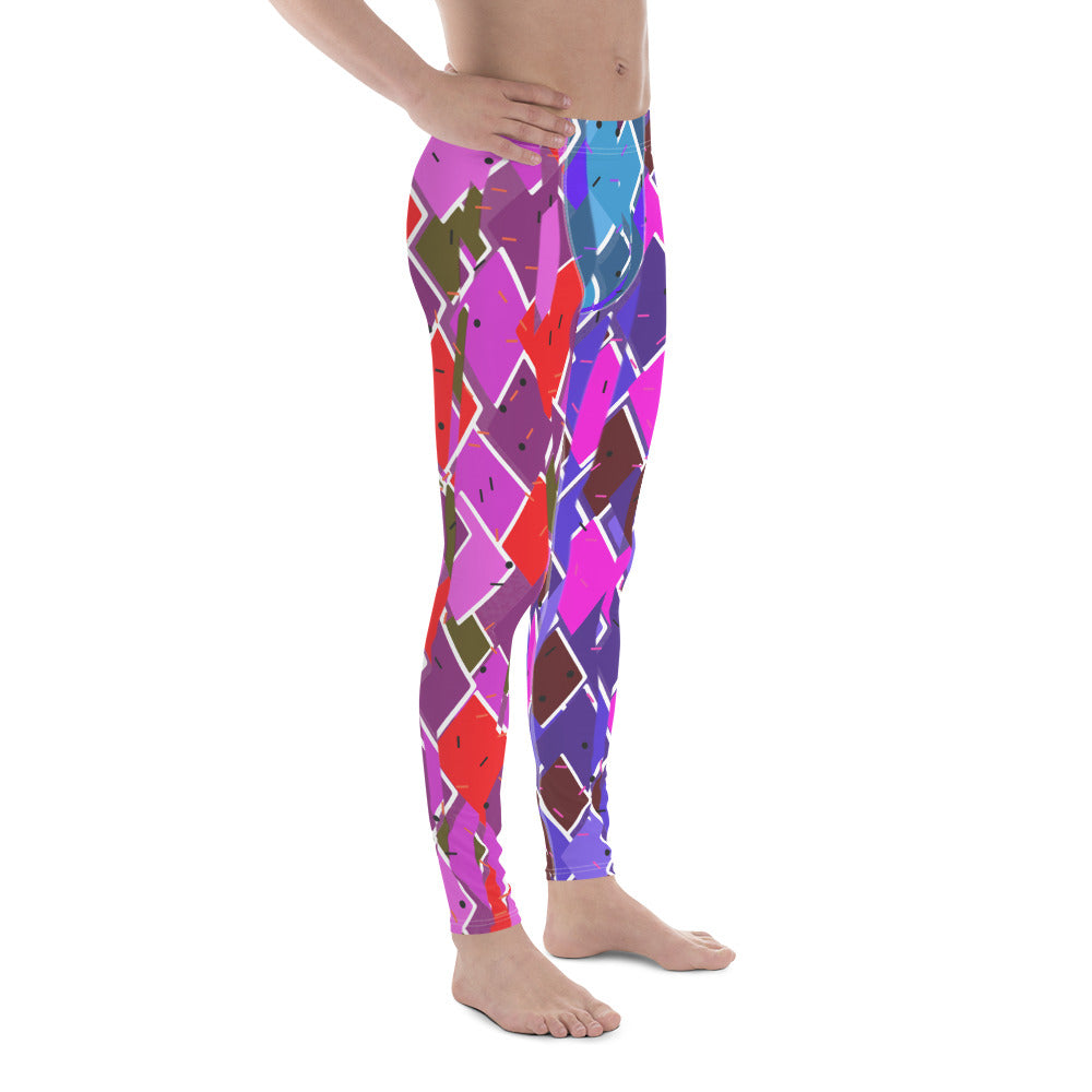 Mens Leggings Retro Harlequin Pro Wrestling Tights, glitchcore Fractal Geometric Patterned Festival Meggings, Dance Pants, Rave Gear, Clubbing Outfit. Purple, red, blue, white fractal kitsch meggings guys in diamond shapes. Retro pro wrestling gear