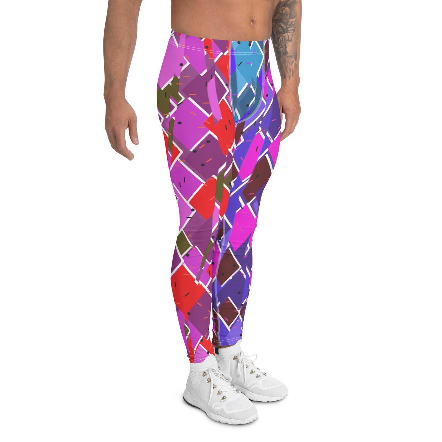 Mens Leggings Retro Harlequin Pro Wrestling Tights, glitchcore Fractal Geometric Patterned Festival Meggings, Dance Pants, Rave Gear, Clubbing Outfit. Purple, red, blue, white fractal kitsch meggings guys in diamond shapes. Retro pro wrestling gear