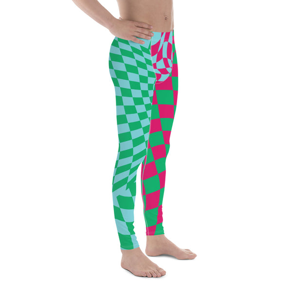Mens Leggings Glitchcore Harlequin, Pro Wrestling Tights, Guys Running Tights, Dancewear, Festival Pants, Fashion Meggings, Gym Gear. Pink, blue and green fashion meggs for gym, pilates, yoga and festivals.