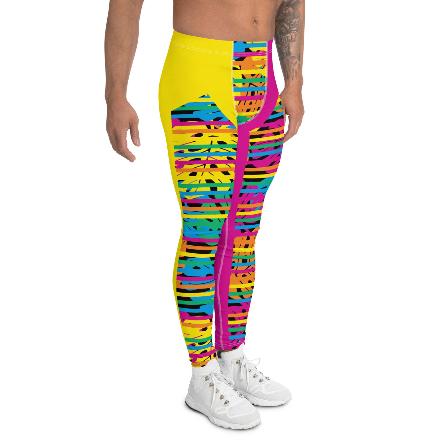 Mens Leggings, Yellow and Pink Monstera Print Leggings, Pro Wrestling Tights, Funky Fashion Leggings, Yoga Pants, Gym Outfit, Camp Rave Gear in pink and yellow with rainbowcore monstera leaves