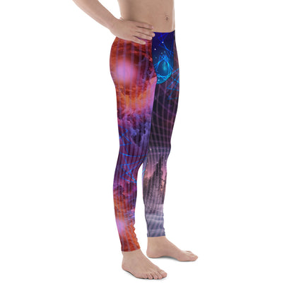 Mens Leggings Galactic Nebula, Bjj Compression Spats, Pro Wrestling Tights, Running Tights, Fashion Meggings, Festival Leggings, Rave Gear. Neoncore rainbow futuristic fashion meggs for guys with nebula clouds, winter forest, abstract pattern.