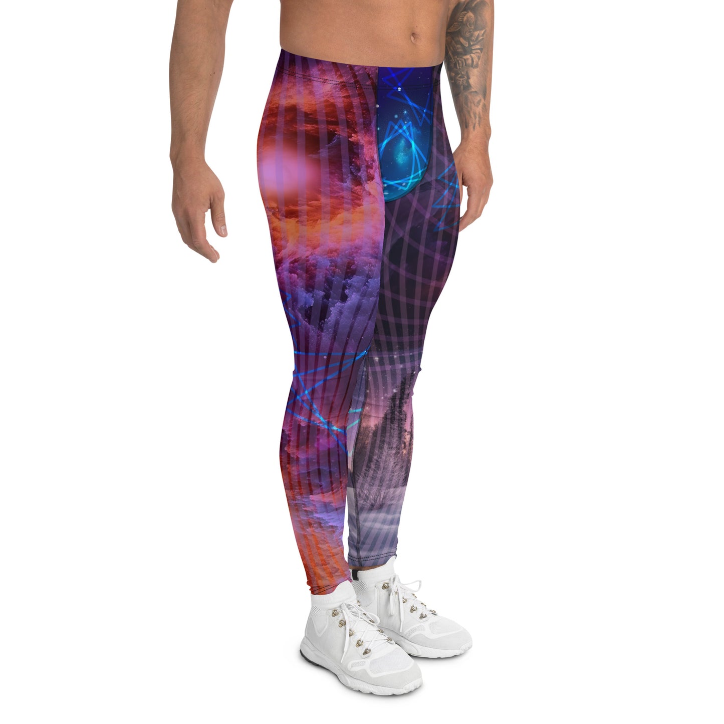 Mens Leggings Galactic Nebula, Bjj Compression Spats, Pro Wrestling Tights, Running Tights, Fashion Meggings, Festival Leggings, Rave Gear. Neoncore rainbow futuristic fashion meggs for guys with nebula clouds, winter forest, abstract pattern.