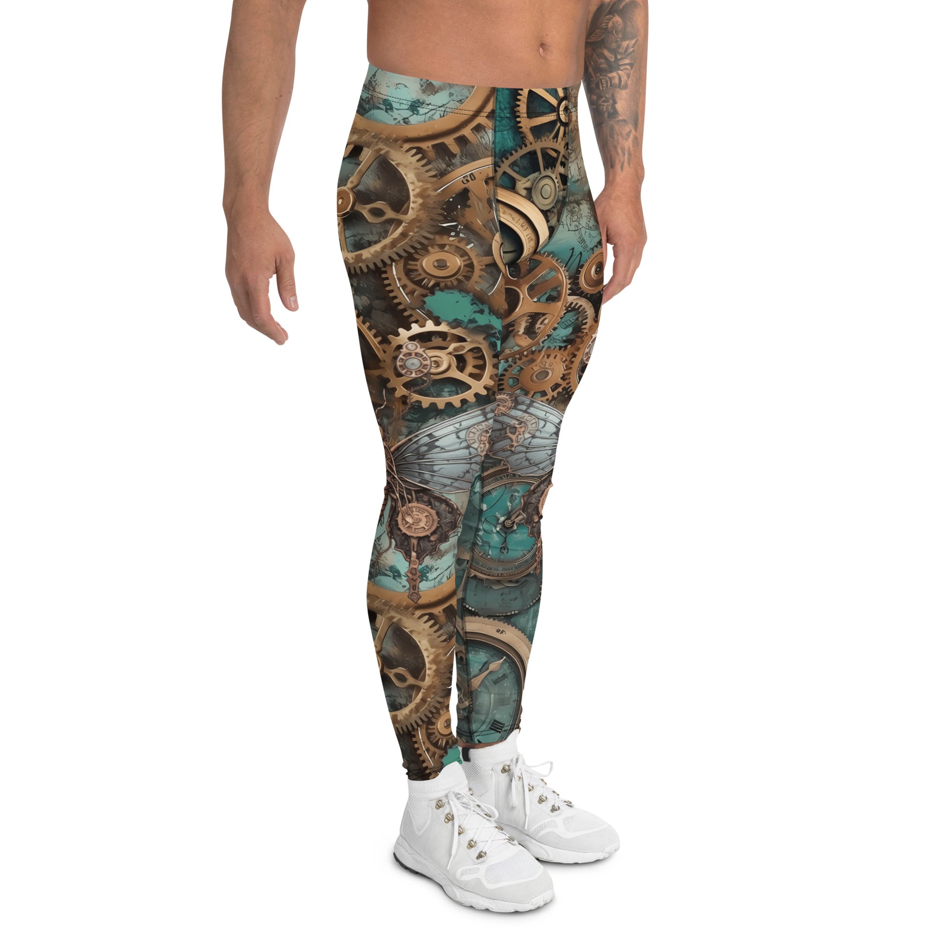 Steampunk leggings for men with horology design. Watch fans fashion in brown and blue. Retro festival fashion meggings.