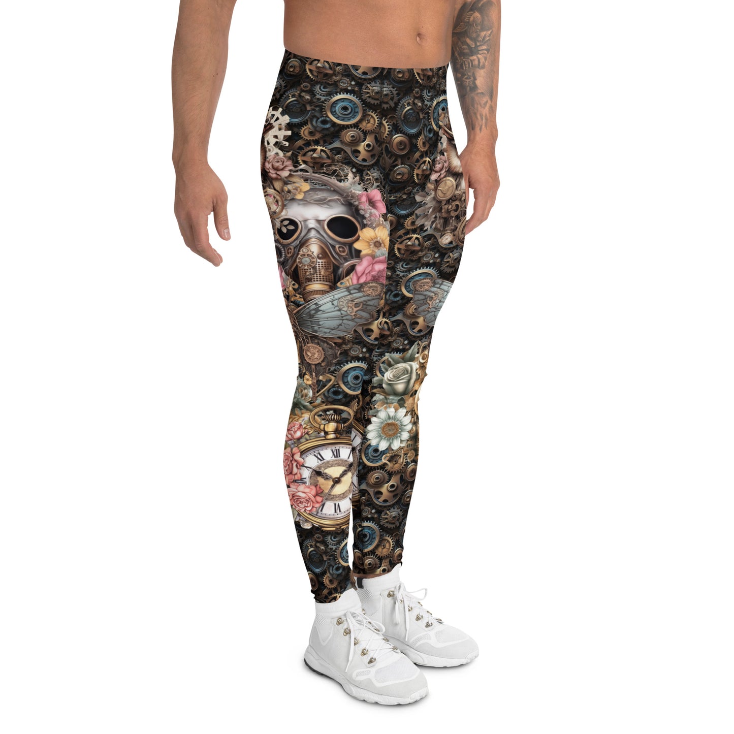 Mens Leggings Steampunk Horology Pants, Fashion Meggings, BJJ Grappling Spats, Pro Wrestling Tights, Rave Gear, Clubbing Outfit, Running tights for watch geeks and perpetual calendar fans. Jules Verne vibes. Clockwork all-over pattern guys leggings.