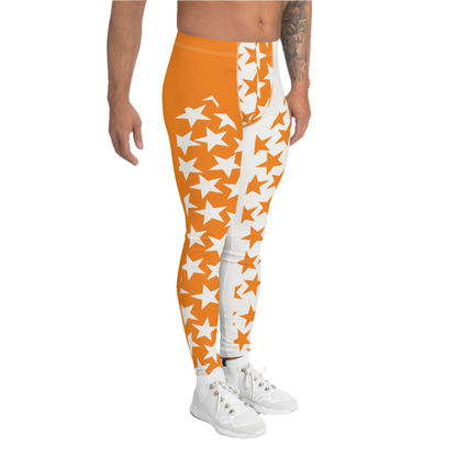 Mens matching tank top and pro wrestling tights in orange and white stars with alternating background and cut out insets.