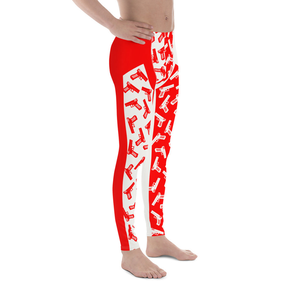 Mens leggings, funky pro-wrestling tights with toy pistols in orange and white. Ankle length fashion meggings for rave parties, festivals, Halloween cosplay, streetwear.