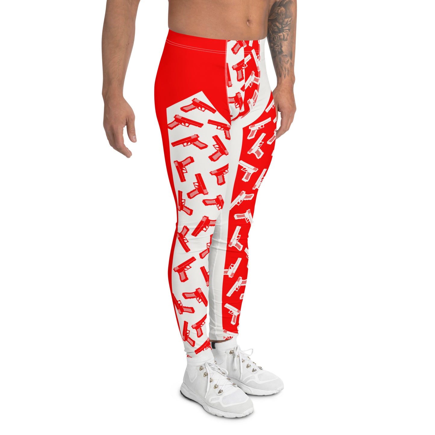 Mens leggings, funky pro-wrestling tights with toy pistols in orange and white. Ankle length fashion meggings for rave parties, festivals, Halloween cosplay, streetwear.