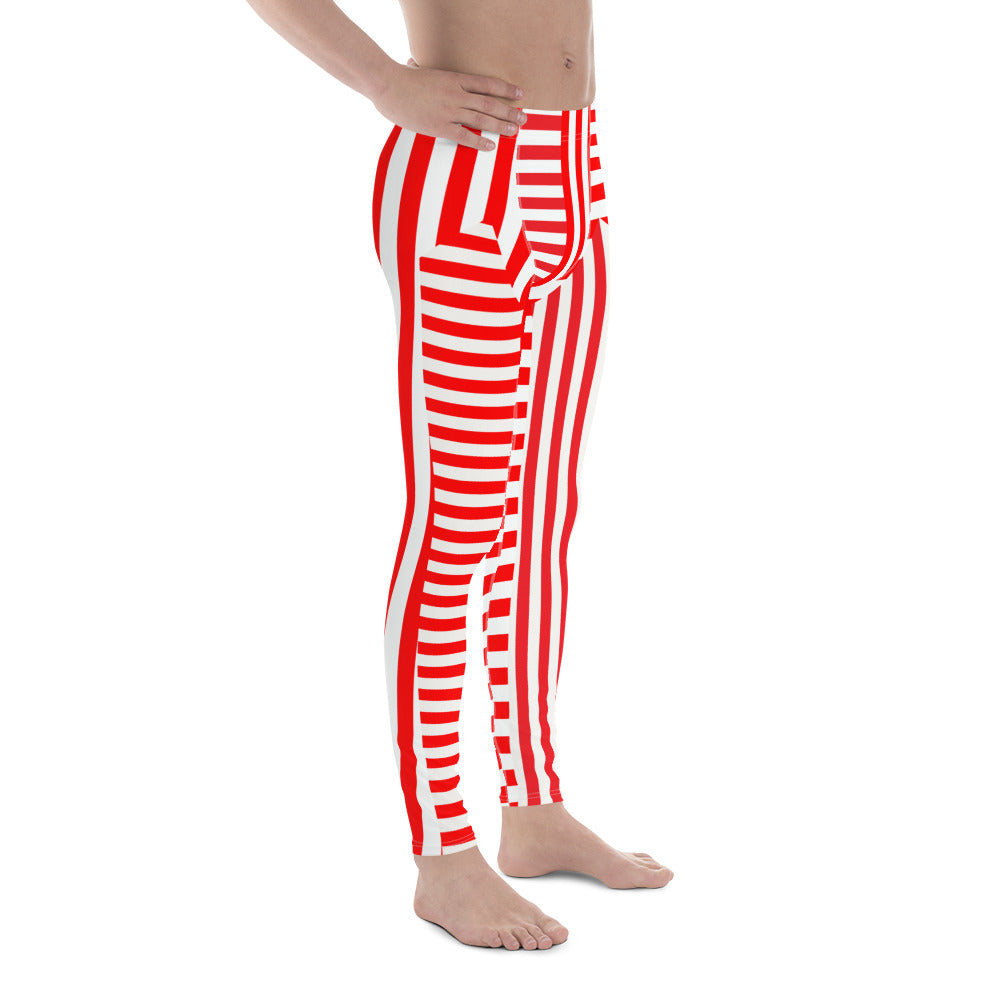 Red and white striped retro pro wrestling tights for men. 80s Memphis style leggings for guys with alternating insets pattern. Fashion meggings and party outfit.