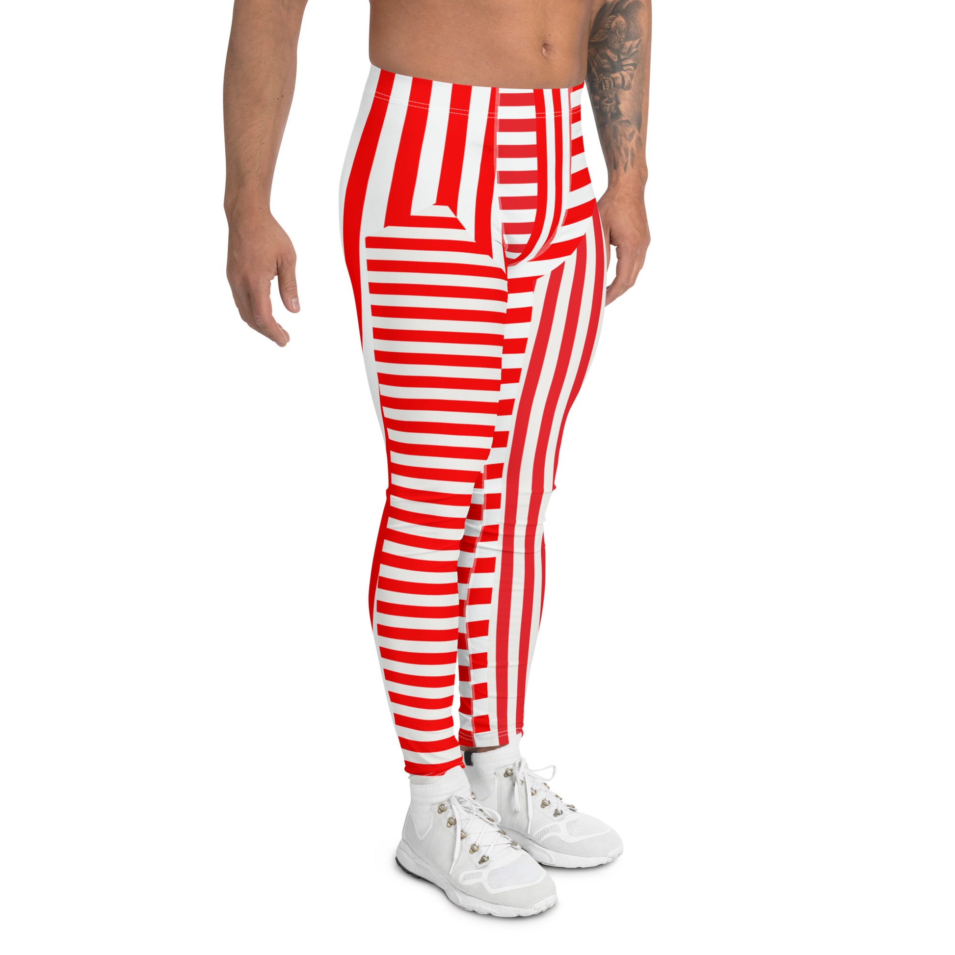 Red and white striped retro pro wrestling tights for men. 80s Memphis style leggings for guys with alternating insets pattern. Fashion meggings and party outfit.