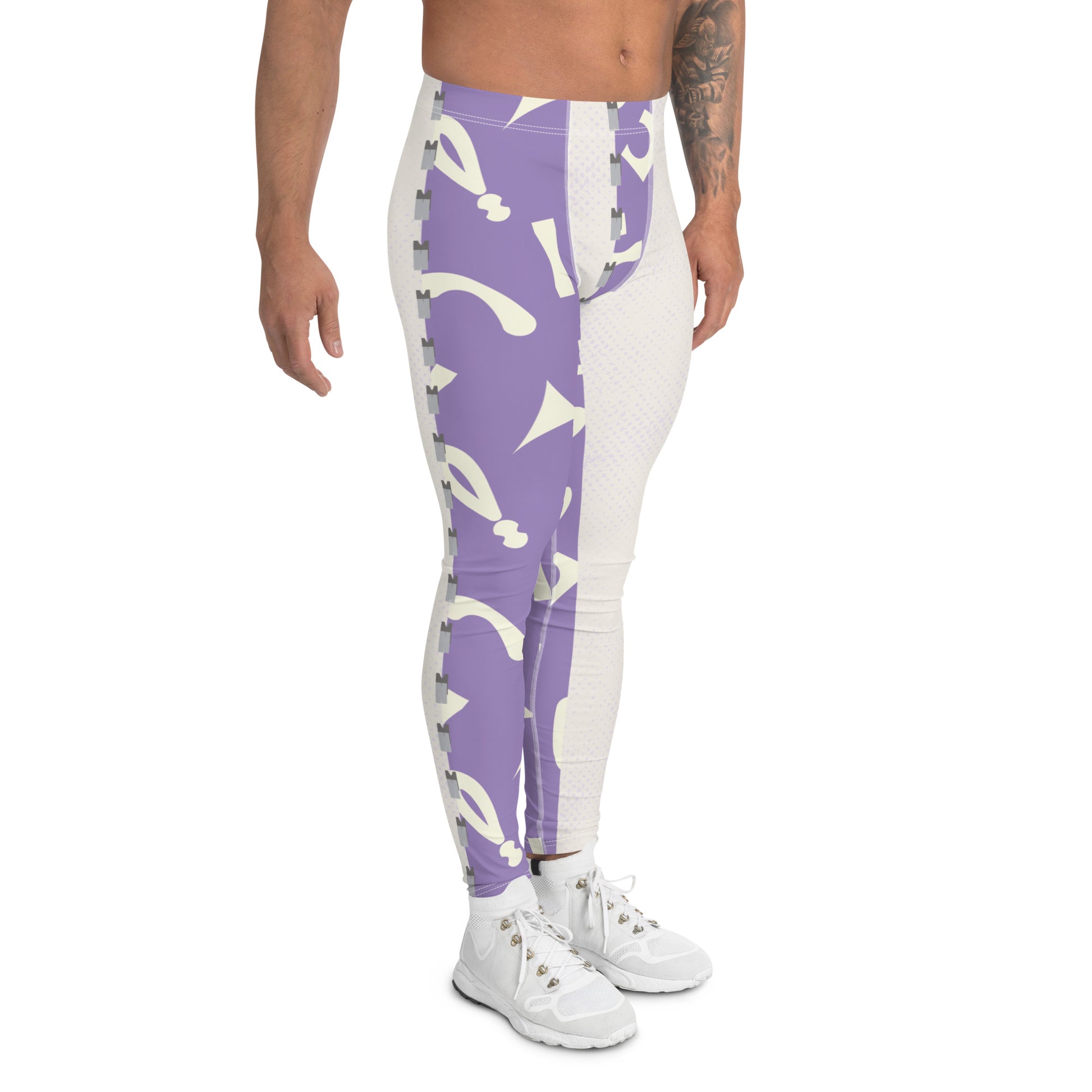 Purple and white fun retro pro wrestling tights for men. 80s Memphis style leggings for guys with alternating colors and geometric shapes. Fashion meggings and party outfit.