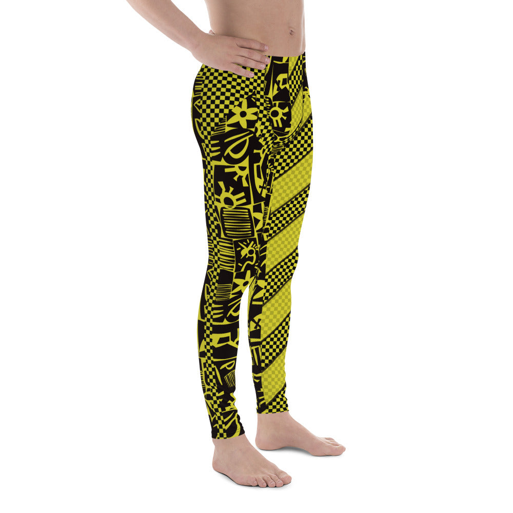 Black and yellow geometric design leggings for men in retro 80s style. Pro wrestling tights for guys in fun stripy design. Rave gear and fashion meggings for guys.