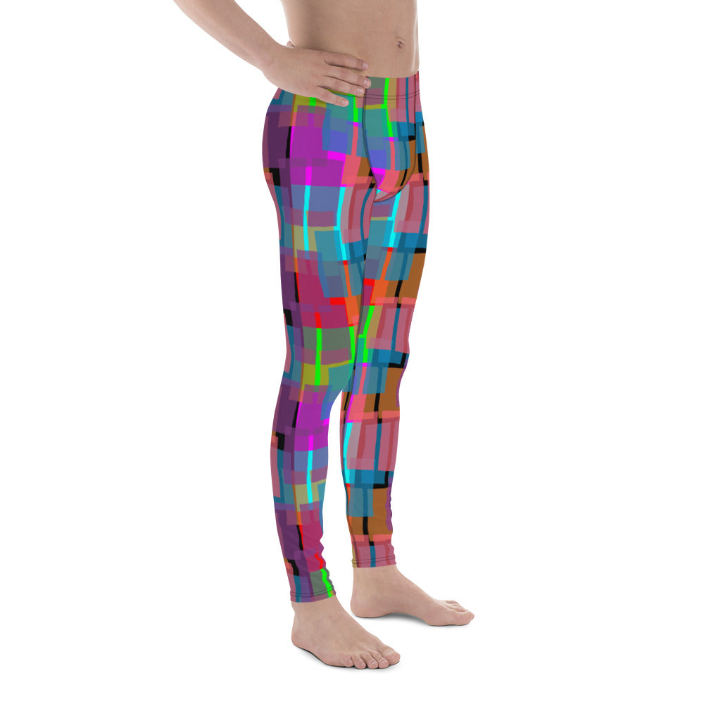 Leggings for men in rainbow  colors. Great geometric shaped patterned pro wrestling tights or BJJ no-MMA spats for guys in ankle length and elastic waistband.