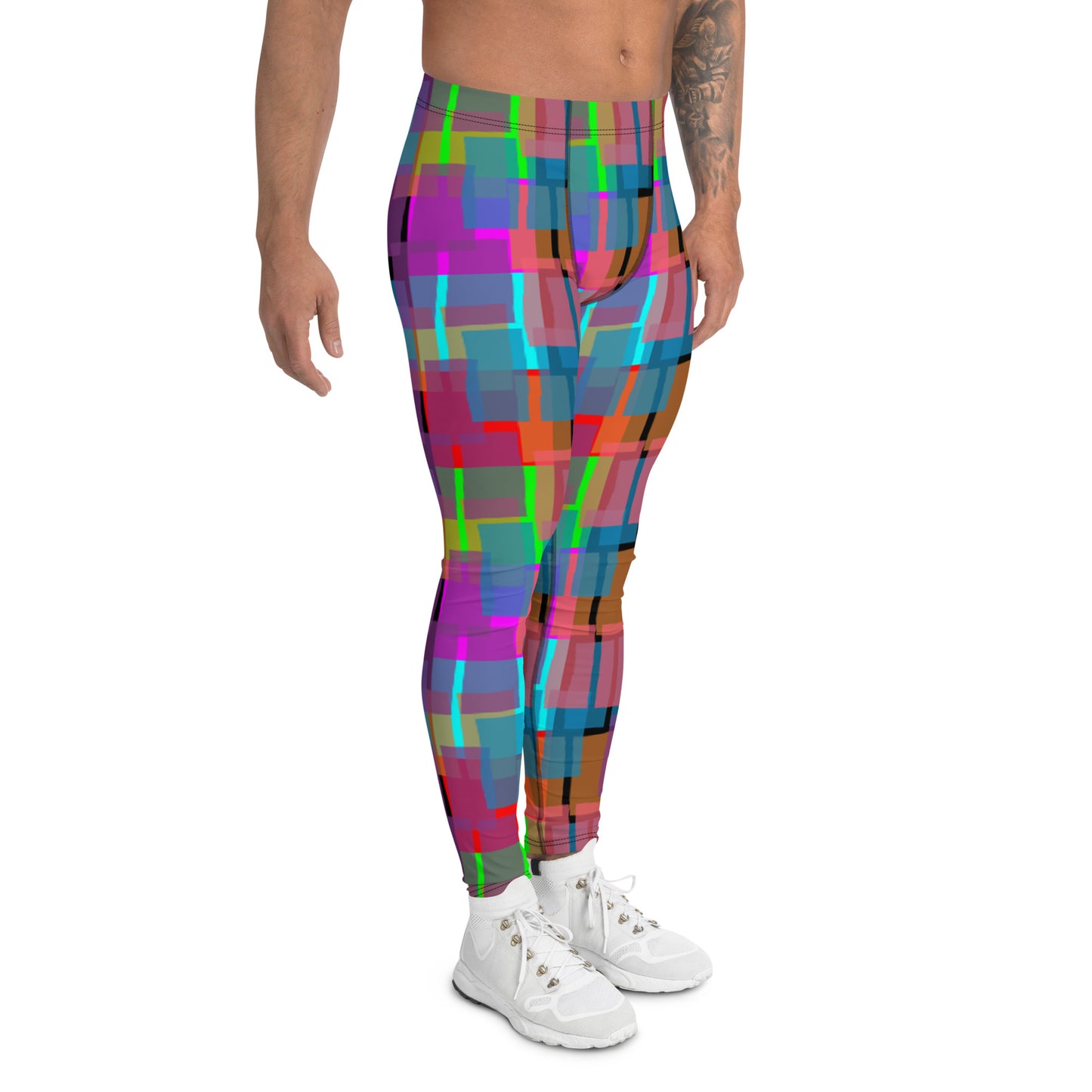 Leggings for men in rainbow  colors. Great geometric shaped patterned pro wrestling tights or BJJ no-MMA spats for guys in ankle length and elastic waistband.