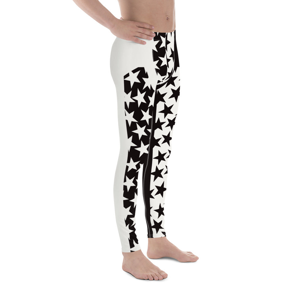 Men's leggings in black and white with inset alternate stars at the front. Pro wrestling tights, NFL American football gear or festival rave outfit with ankle length legs and mid rise elasticated waist band.