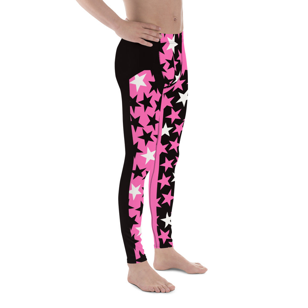 Mens Leggings Stars in pink and black, Pro Wrestling Tights, BJJ no-gi spats, Funky Fashion Leggings, Yoga Pants, Gym Outfit, Rave Gear, Dancewear, Running Tights, Wrestling tights, yoga gym pilates outfit. Pink, yellow, black, white, purple, green, orange.