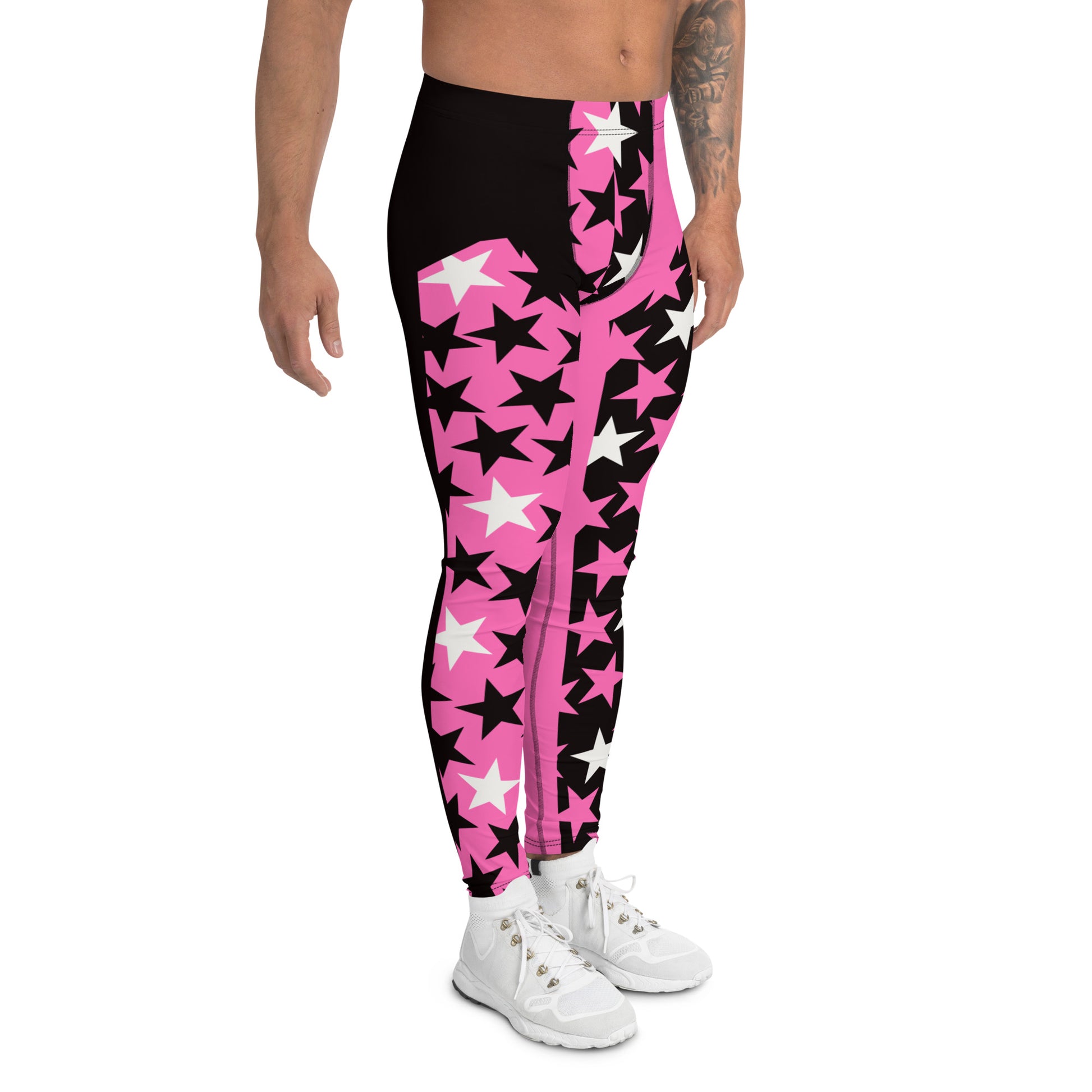 Mens Leggings Stars in pink and black, Pro Wrestling Tights, BJJ no-gi spats, Funky Fashion Leggings, Yoga Pants, Gym Outfit, Rave Gear, Dancewear, Running Tights, Wrestling tights, yoga gym pilates outfit. Pink, yellow, black, white, purple, green, orange.