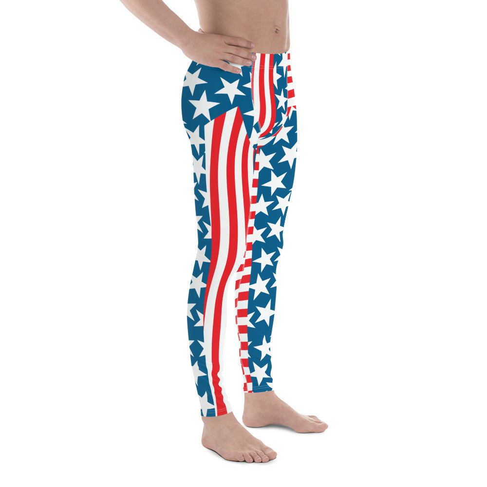 Mens Leggings Patriot, Pro Wrestling Tights in american flag, Forth July Retro Fashion Leggings, Yoga Pants, Gym Outfit, Rave Gear Dancewear, Running Tights, BJJ Spats. Red white blue 4th July party outfit. Halloween outfit for men.