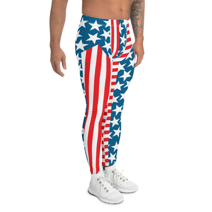 Mens Leggings Patriot, Pro Wrestling Tights in american flag, Forth July Retro Fashion Leggings, Yoga Pants, Gym Outfit, Rave Gear Dancewear, Running Tights, BJJ Spats. Red white blue 4th July party outfit. Halloween outfit for men.