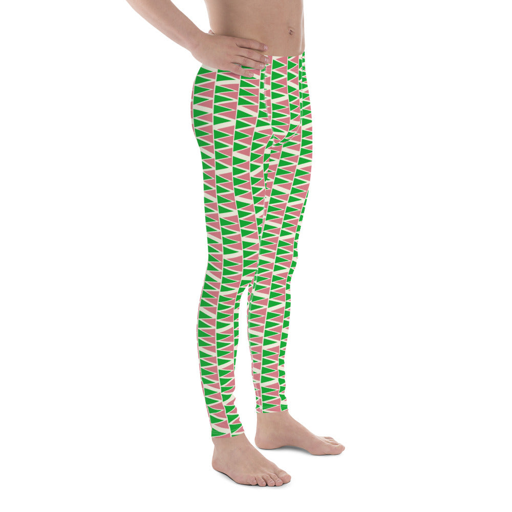 Mens leggings in retro mid century modern style. Green, pink, cream geometric patterned fashion meggings for men. Ankle length. Great for rave gear, festivals, BJJ, gym.