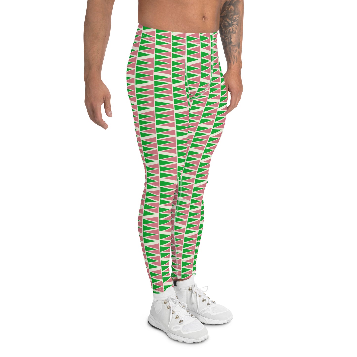 Mens leggings in retro mid century modern style. Green, pink, cream geometric patterned fashion meggings for men. Ankle length. Great for rave gear, festivals, BJJ, gym.