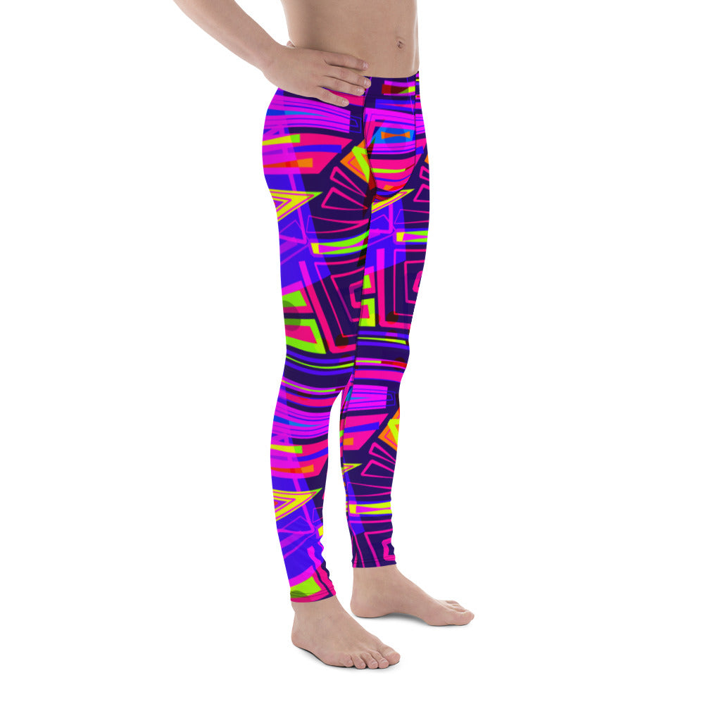 EDM electronic dance music style neoncore and vaporwave leggings for men in geometric angular layers and overlays. Tones of dark blue, red, pink, purple and orange in a neon effect. This EDM outfit or clubbing outfit is soft material with a stretchy 4-way stretch fabric that is super comfy and will ensure your mens fashion tights remain super bright and vivid long term.