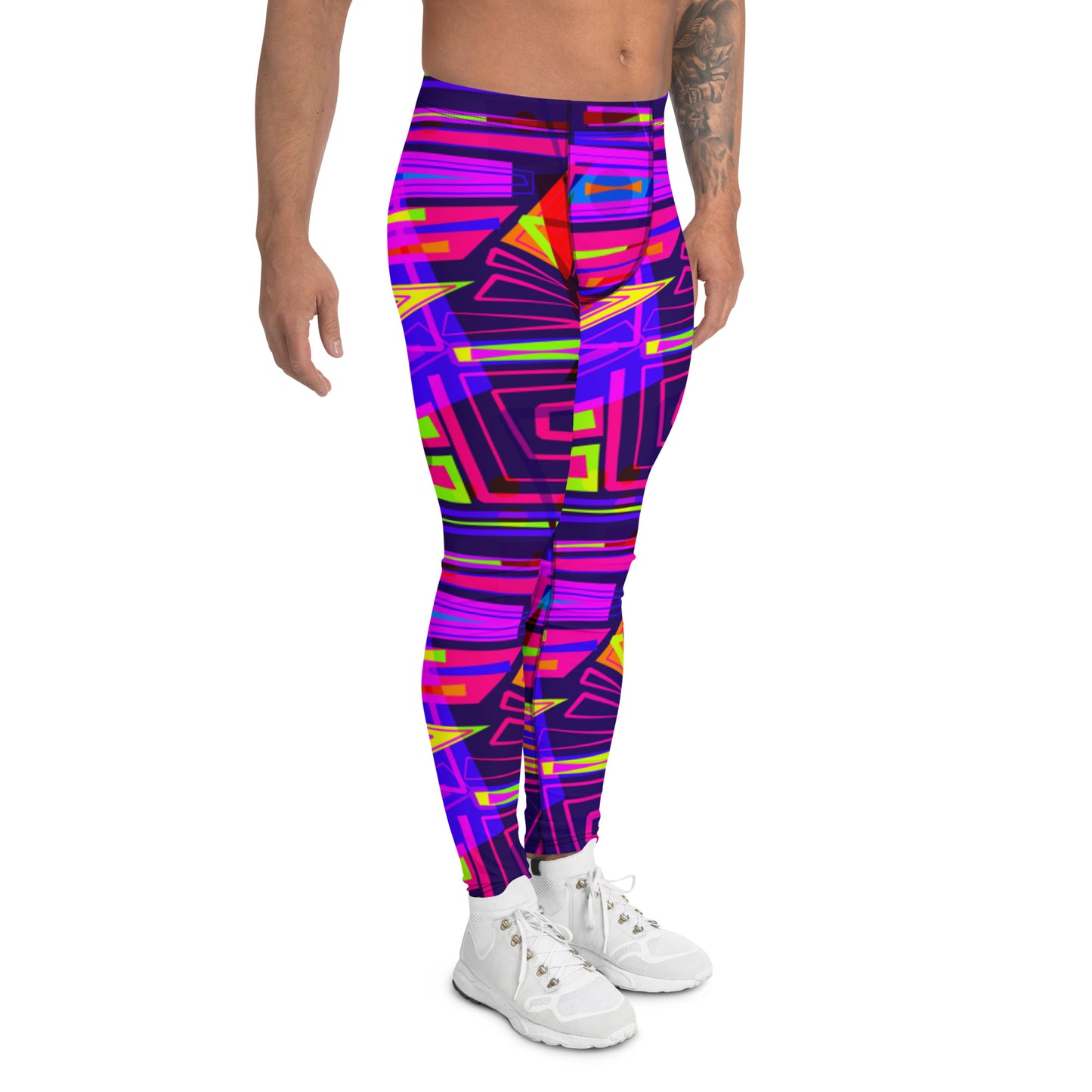 EDM electronic dance music style neoncore and vaporwave leggings for men in geometric angular layers and overlays. Tones of dark blue, red, pink, purple and orange in a neon effect. This EDM outfit or clubbing outfit is soft material with a stretchy 4-way stretch fabric that is super comfy and will ensure your mens fashion tights remain super bright and vivid long term.