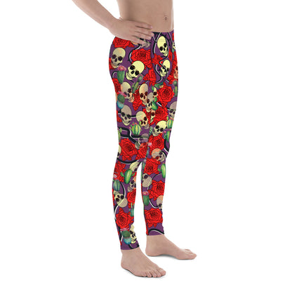 Creepy cute fashion leggings for men with skulls, roses and cactus plants. Purple meggings alternative fashion with mid rise waistband and ankle length legs.