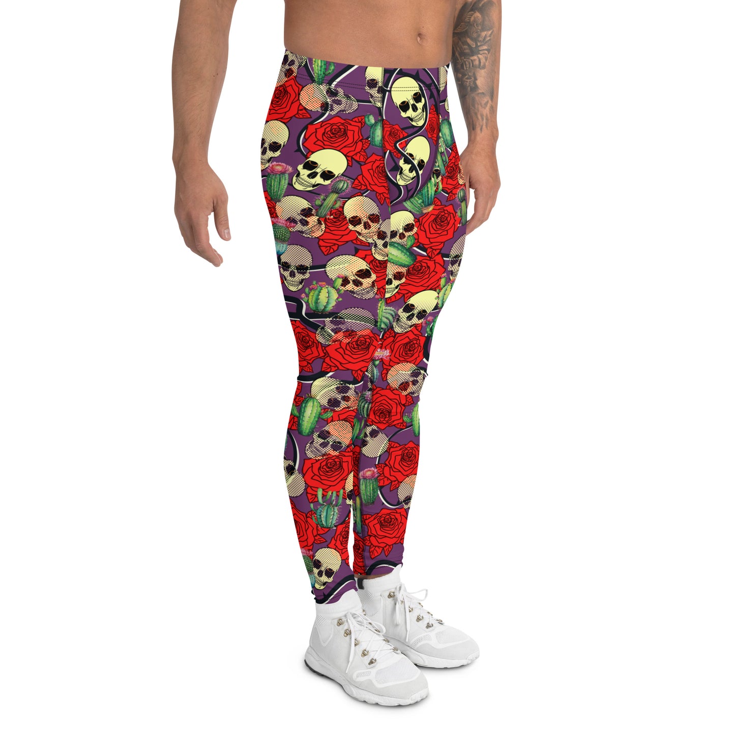 Creepy cute fashion leggings for men with skulls, roses and cactus plants. Purple meggings alternative fashion with mid rise waistband and ankle length legs.