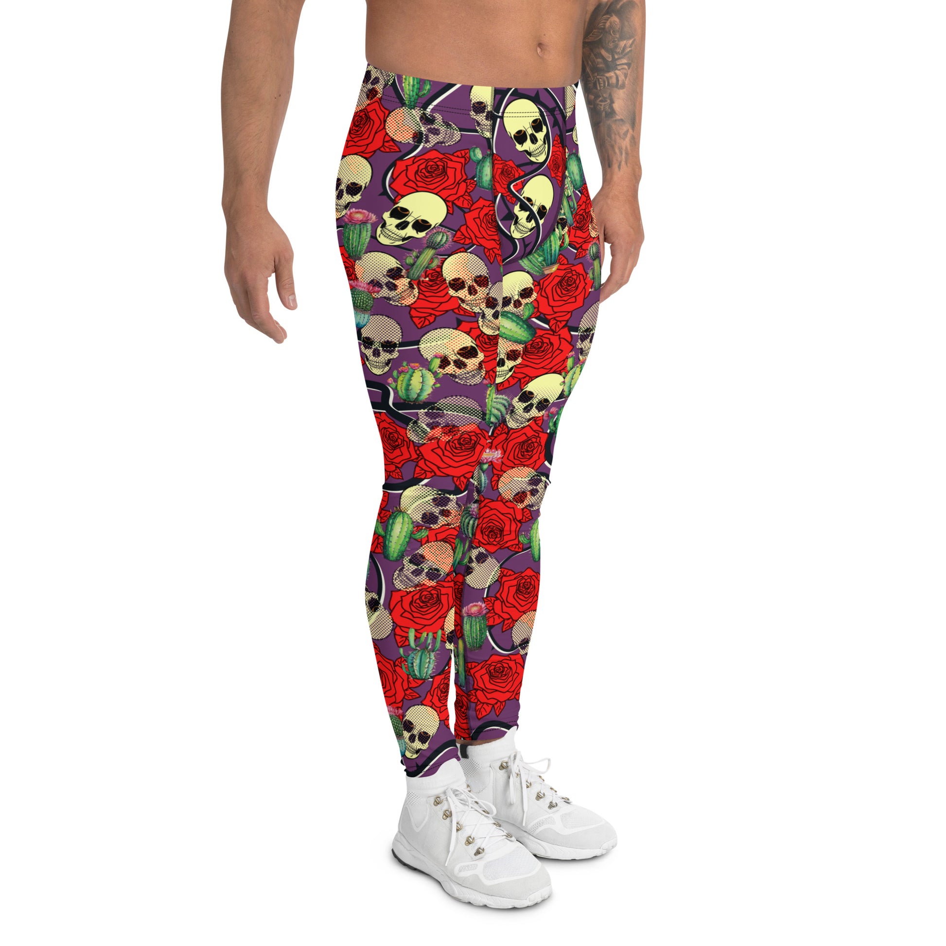 Creepy cute fashion leggings for men with skulls, roses and cactus plants. Purple meggings alternative fashion with mid rise waistband and ankle length legs.