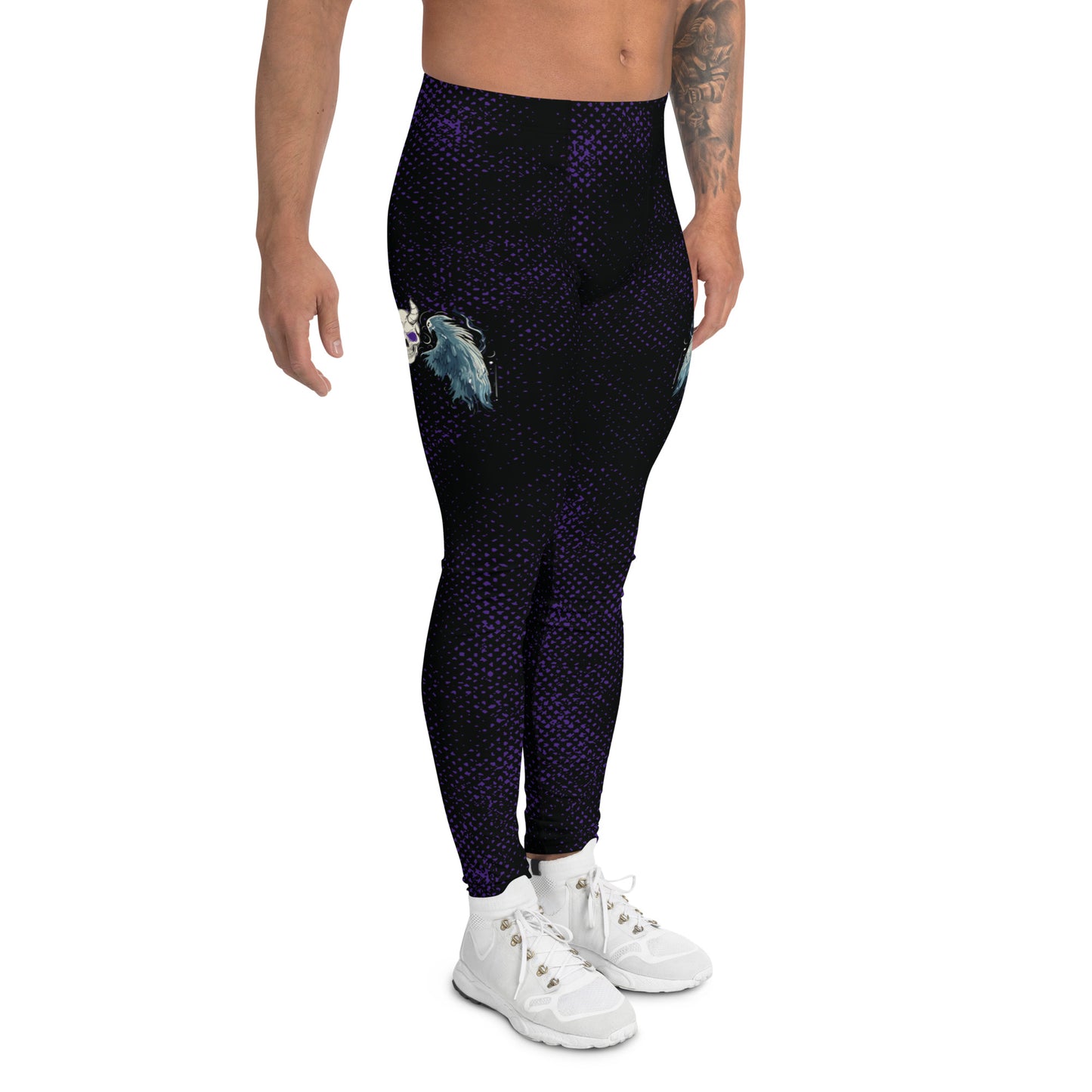 spooky gothic horror pro-wrestling tights with skull and wings on a black and purple distressed background. Mid rise leggings for men with ankle length legs.