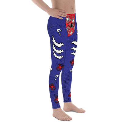 Mens lucha libre pro wrestling tights in navy blue with a red crotch area, containing black and white spiders.  White griffin birds in sets of 3 on each of the legs with more red spiders and question marks. Mid rise elasticated waistband and ankle length legs.