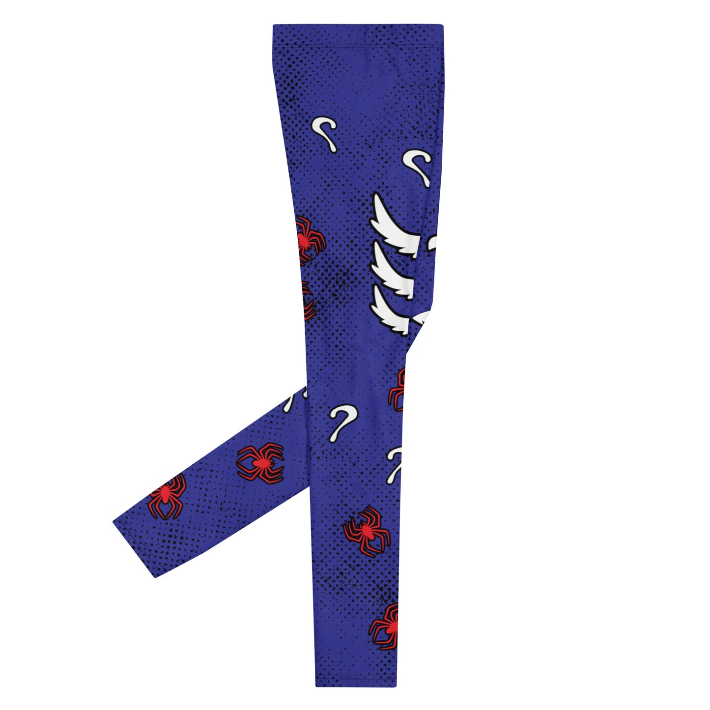 Mens lucha libre pro wrestling tights in navy blue with a red crotch area, containing black and white spiders.  White griffin birds in sets of 3 on each of the legs with more red spiders and question marks. Mid rise elasticated waistband and ankle length legs.