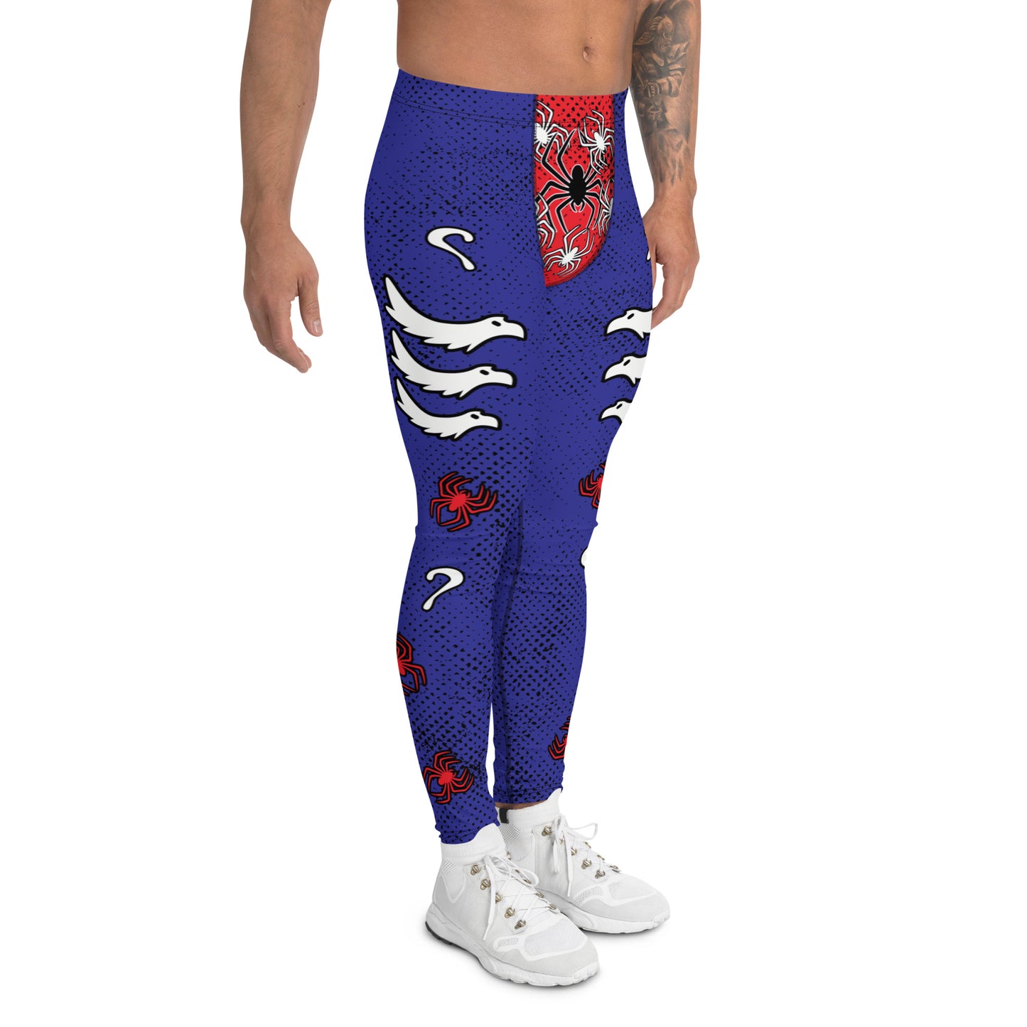 Mens lucha libre pro wrestling tights in navy blue with a red crotch area, containing black and white spiders.  White griffin birds in sets of 3 on each of the legs with more red spiders and question marks. Mid rise elasticated waistband and ankle length legs.