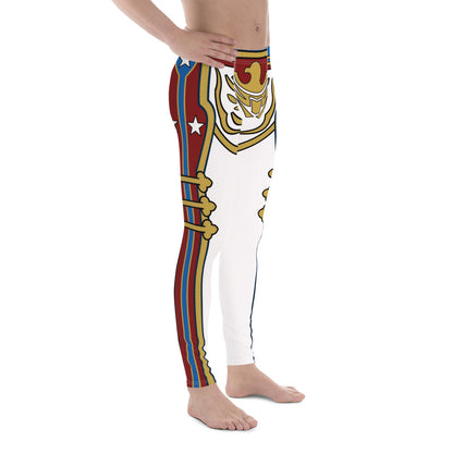 Retro Military style pro wrestling tights for men in white with gold and red trim. Fun eagle motif. Mid rise elasticated waistband and ankle length legs.