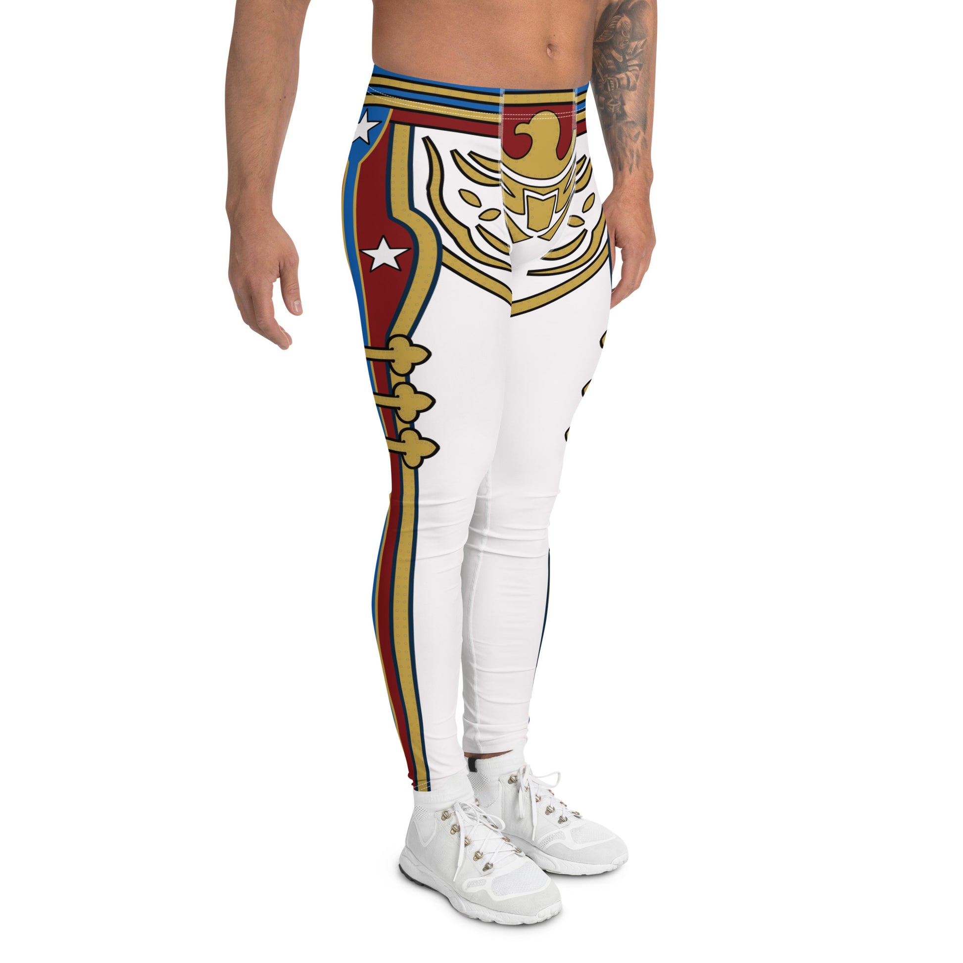 Retro Military style pro wrestling tights for men in white with gold and red trim. Fun eagle motif. Mid rise elasticated waistband and ankle length legs.