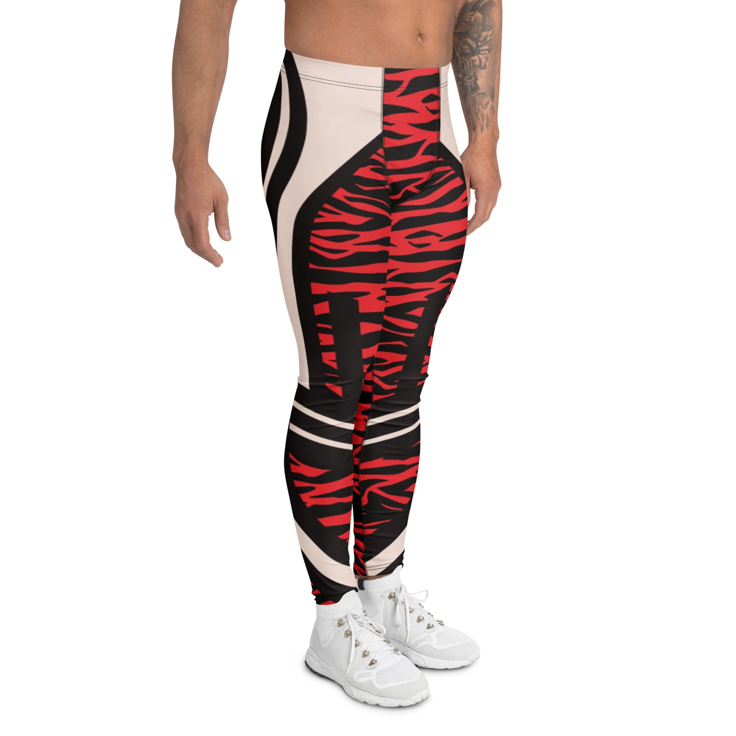 Men's leggings with red and black zebra pattern on a white background