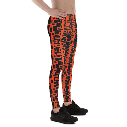 Men's gym, sports and running leggings in vertical geometric design in orange and black.