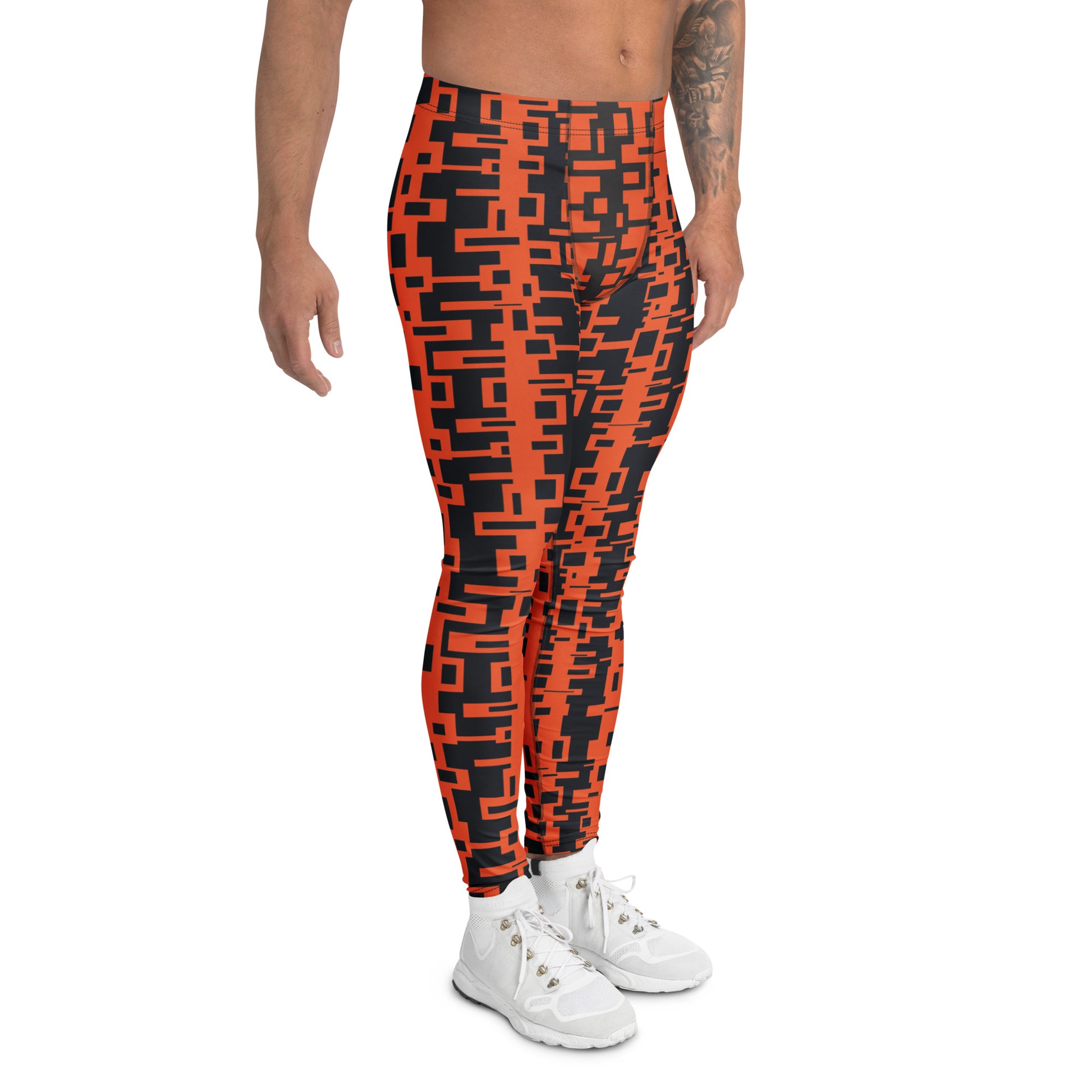 Men's gym, sports and running leggings in vertical geometric design in orange and black.