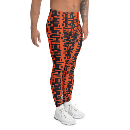 Men's gym, sports and running leggings in vertical geometric design in orange and black.