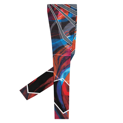 Bold pro wrestling tights in disruption style with a geometric pattern in a futuristic setting.  Right flat view.