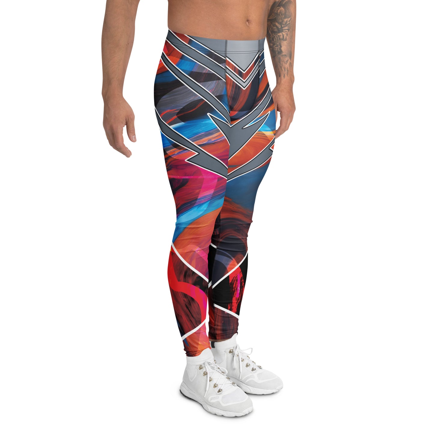 Bold pro wrestling tights in disruption style with a geometric pattern in a futuristic setting.  Right view/