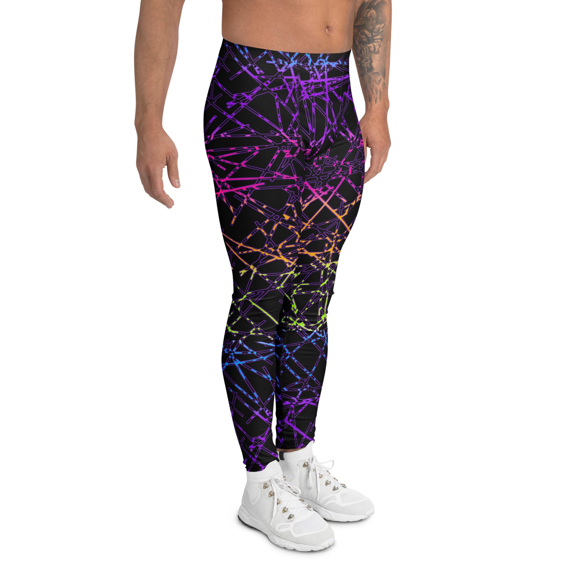 man wearing black leggings with rainbow geometric design in synthwave  style, right view