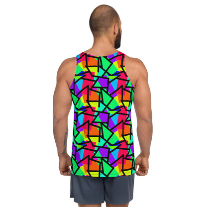 Harajuku Yume Kawaii fashion tank top in brightly coloured Pop Kei 80s Memphis design in red, orange, green, purple, yellow and turquoise geometric shapes and a black zigzag overlay on this neon funky gym and yoga sleeveless muscle top.