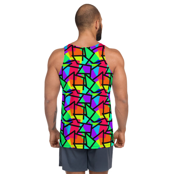 Harajuku Yume Kawaii fashion tank top in brightly coloured Pop Kei 80s Memphis design in red, orange, green, purple, yellow and turquoise geometric shapes and a black zigzag overlay on this neon funky gym and yoga sleeveless muscle top.