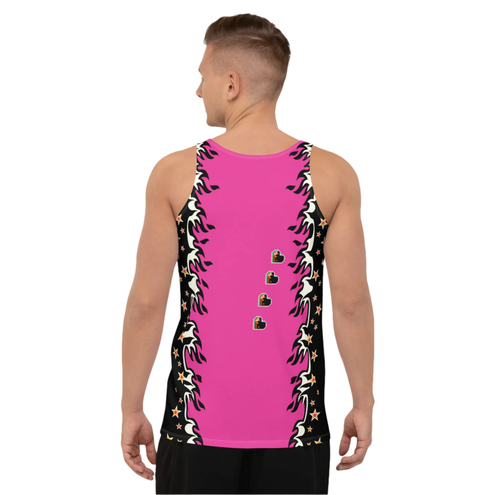 Pink pro wrestling tights for men in black or pink with fire and hearts. Matching tank top with skull and wings and a heart. Pink, black.