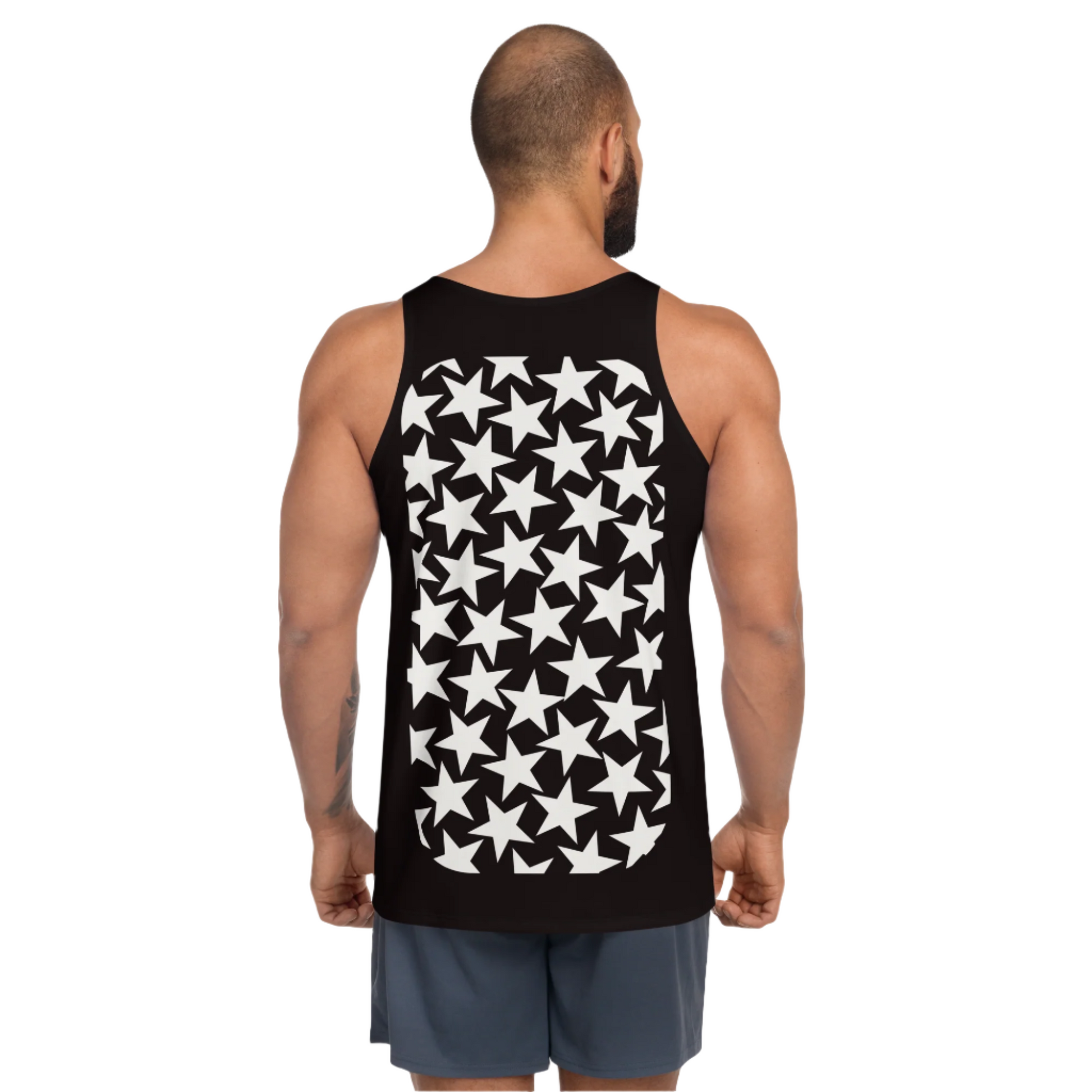 Pro wrestling tights and tank top for men in black and white stars. Bundle.