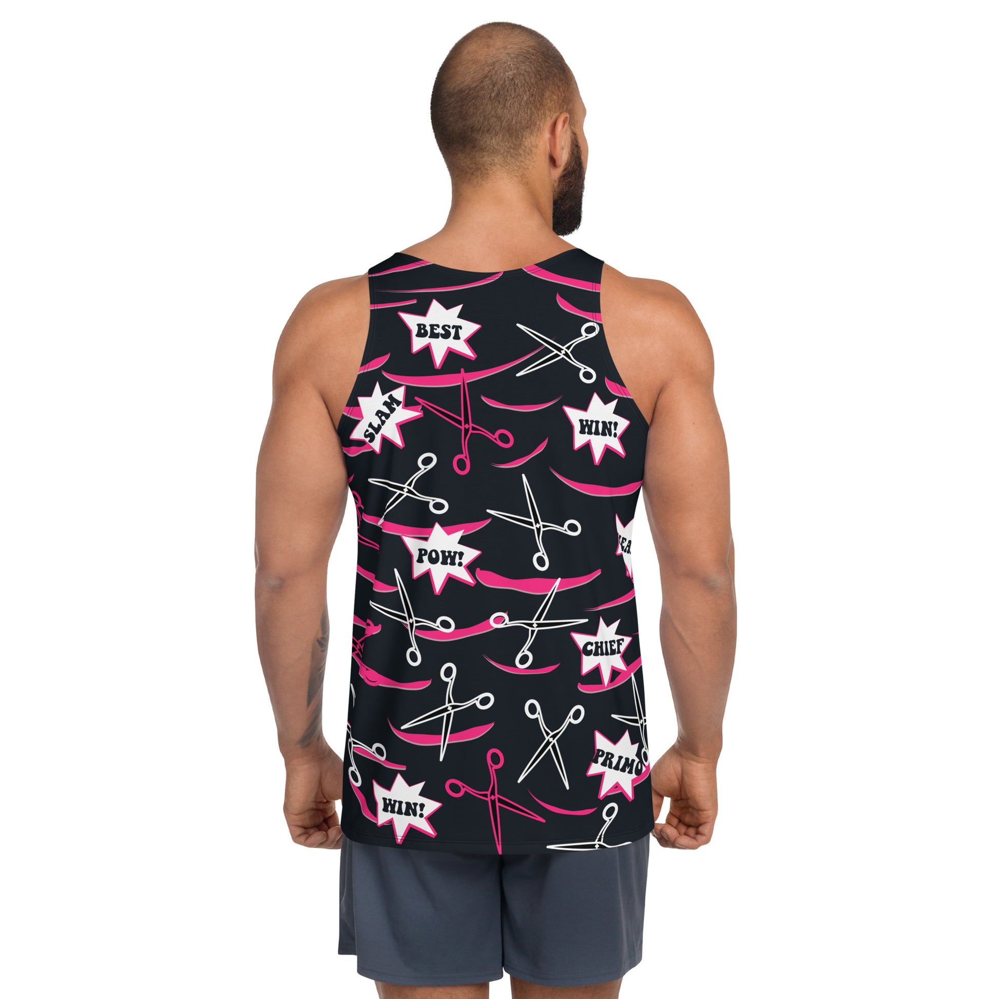 Mens tank top in pink and black with retro pro wrestling gear themes. Wrestling cosplay outfit for guys, Halloween, festivals, rave parties, clubbing. Scissors and slashes with cartoon exclamations.