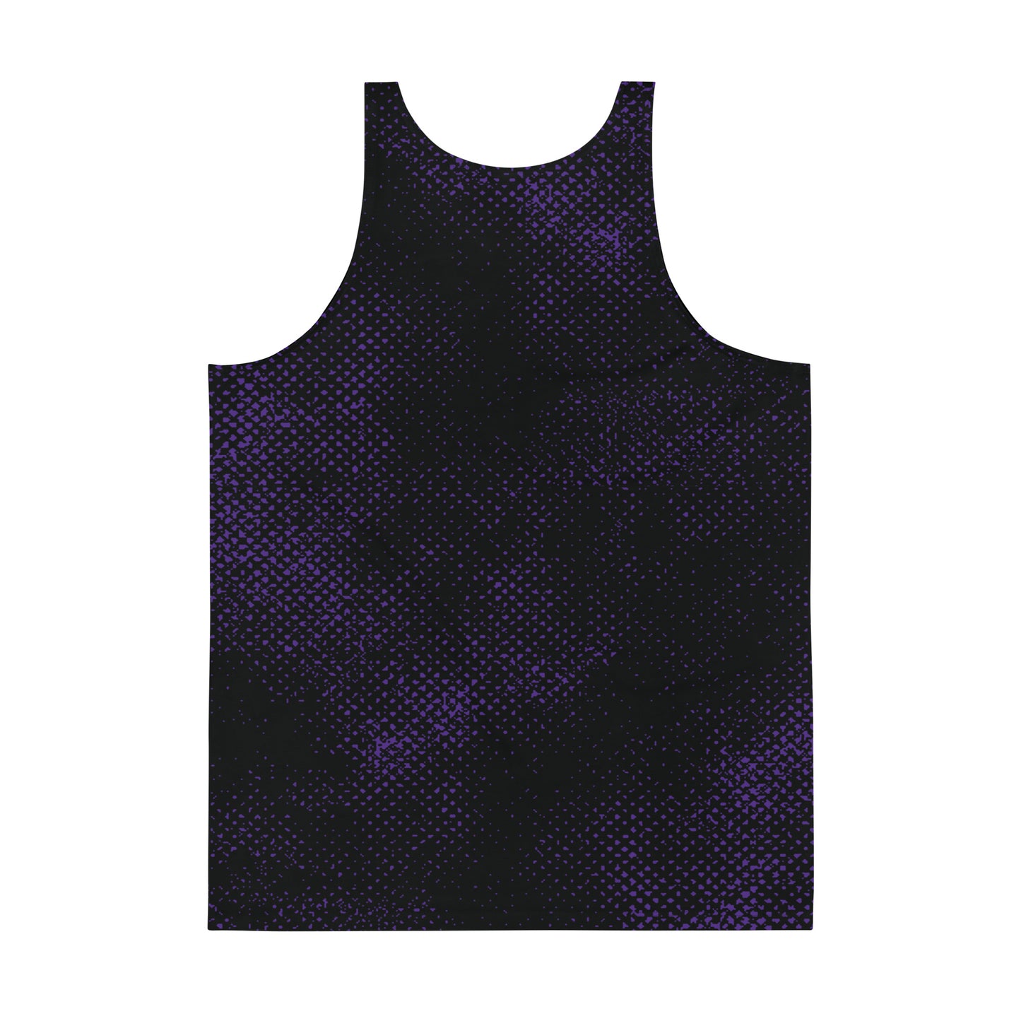 Spooky tank top for men in black and purple displaying a gothic horror skull and wings on the front. Pro wrestling tank top for men.